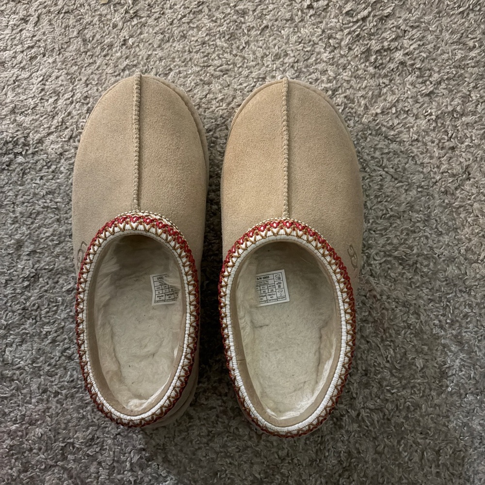 UGG Tan Slippers with Red Trim